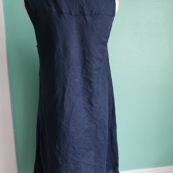 Flax Dark Blue V Neck Lightweight Linen Tank Dress with Pocket - Picture 5 of 14